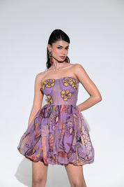 Violet Bloom Embroidered Patch Baloon Dress