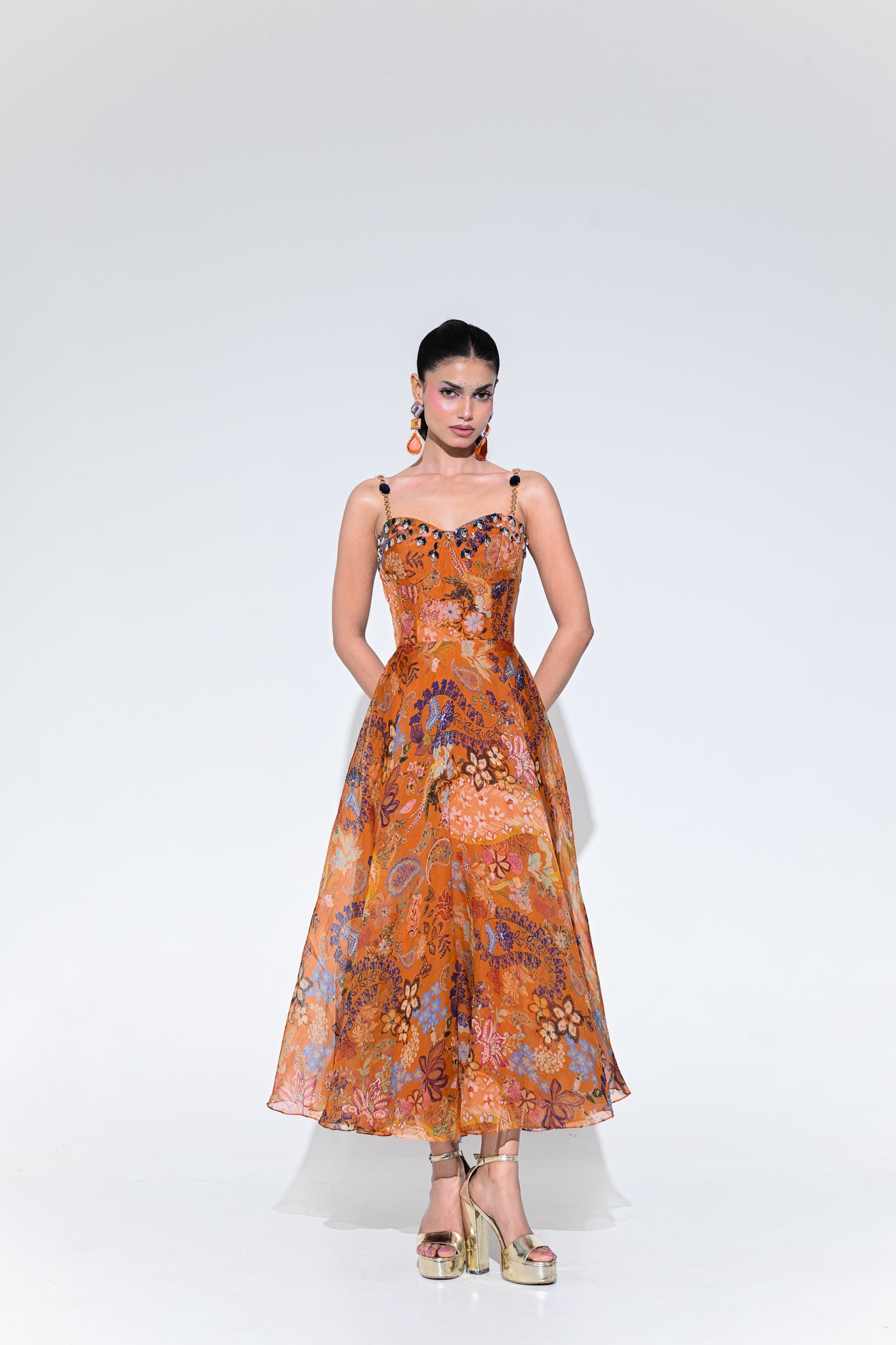 Amber Bloom Crystal Midi Dress