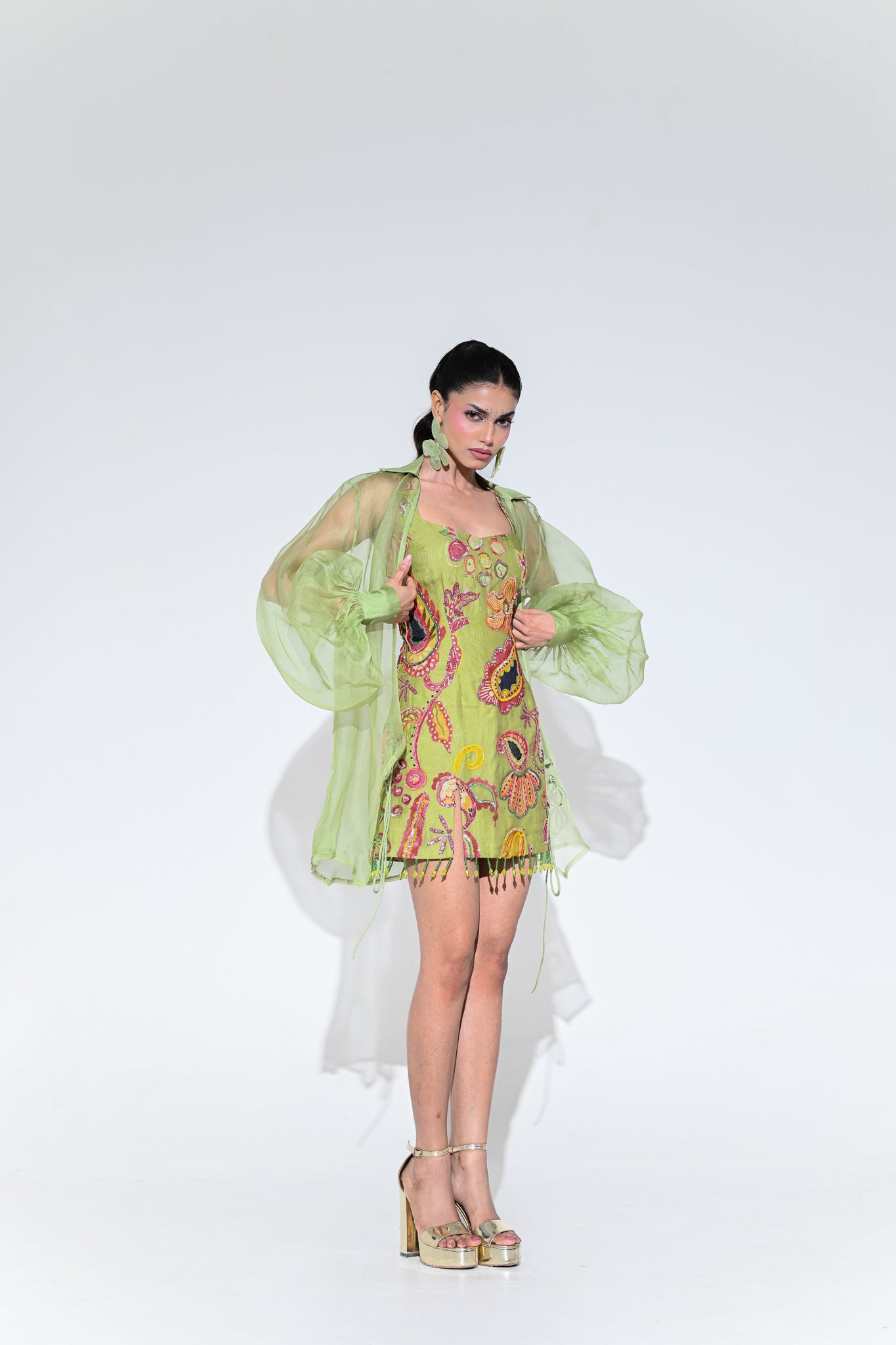 Olive Embroidered Dress With Organza Shrug