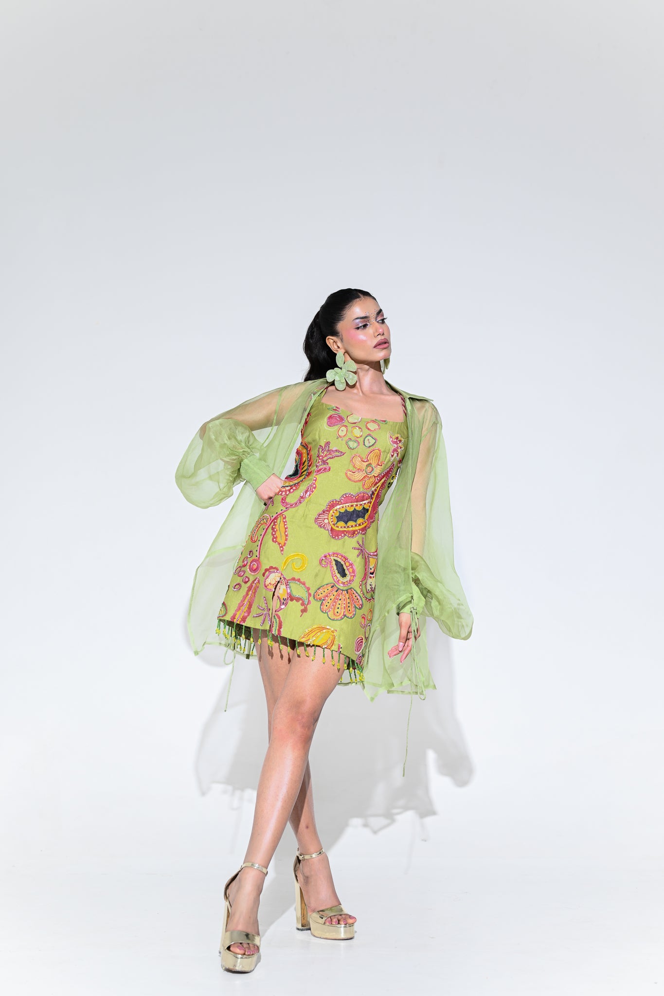 Olive Embroidered Dress With Organza Shrug