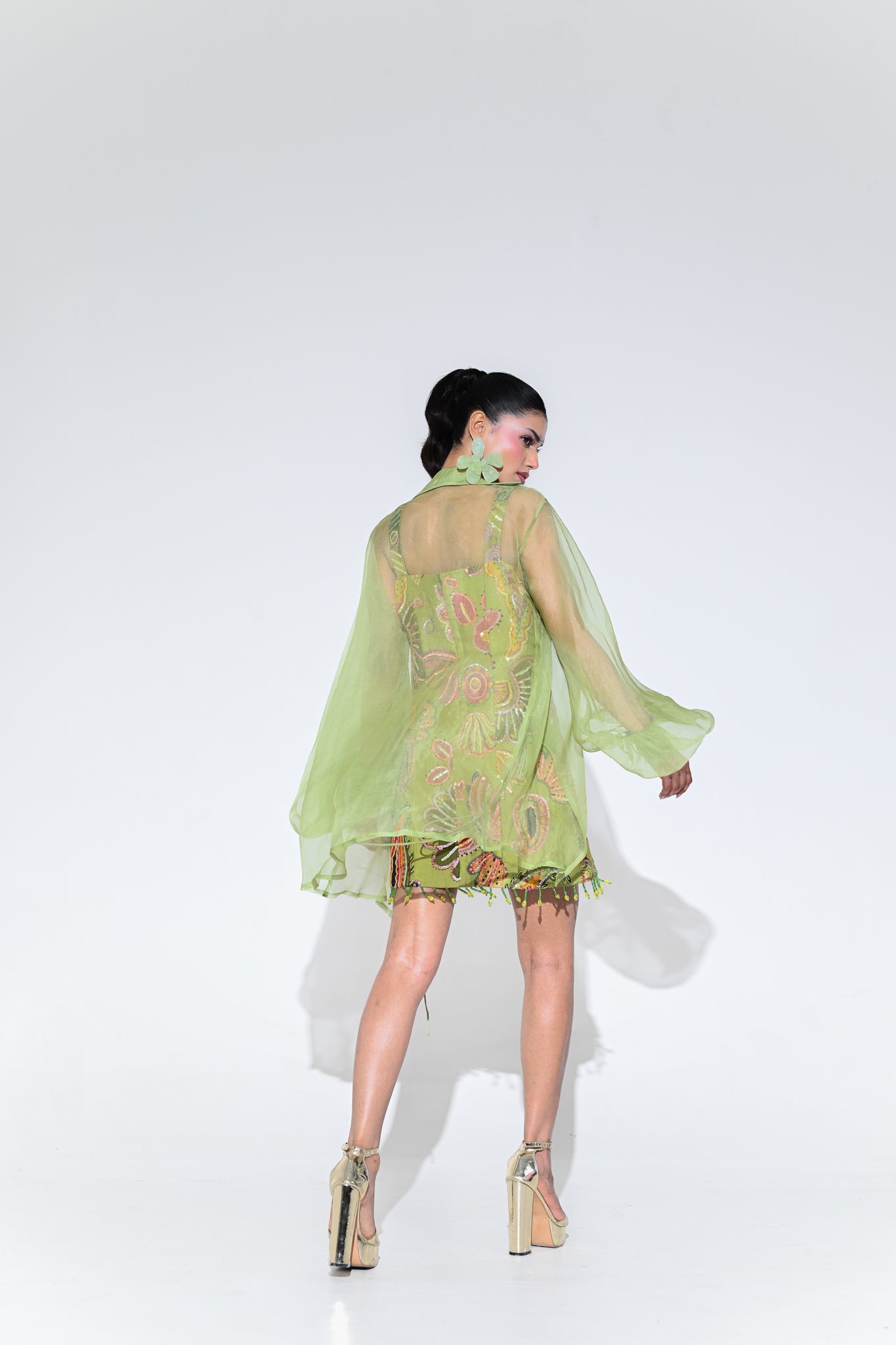 Olive Embroidered Dress With Organza Shrug