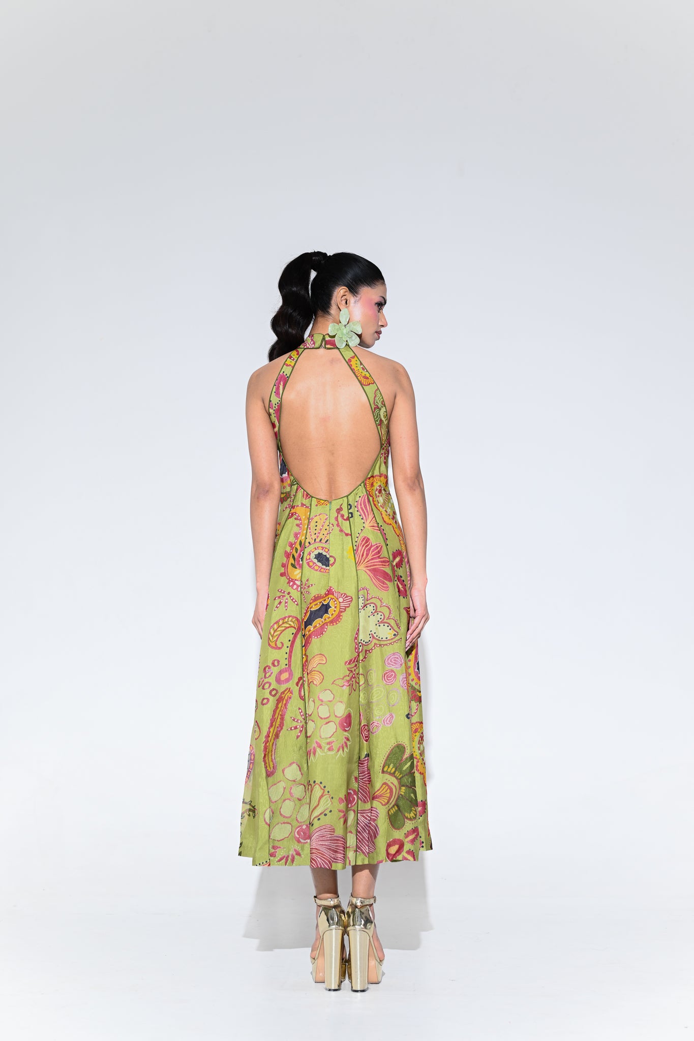 Olive Bloom Halter Midi Dress