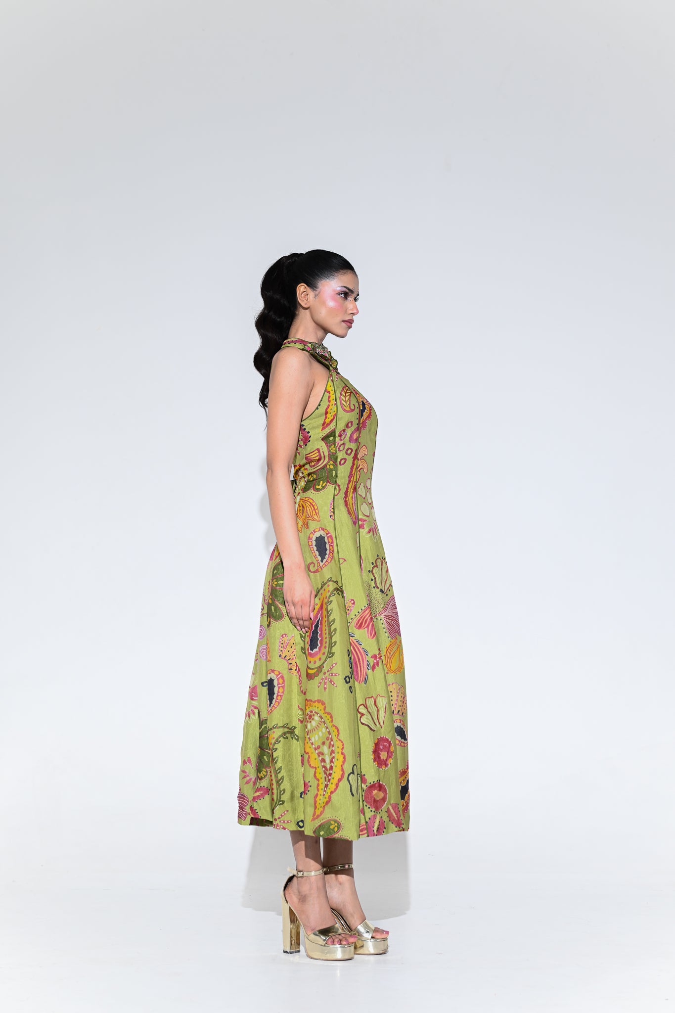 Olive Bloom Halter Midi Dress