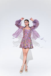 Violet Bloom Panel Embroidered Dress With Shrug