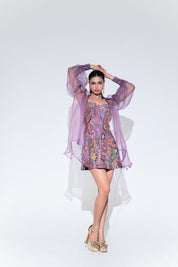 Violet Bloom Panel Embroidered Dress With Shrug