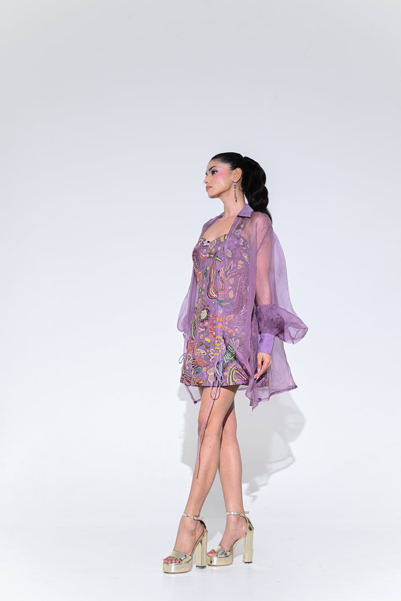 Violet Bloom Panel Embroidered Dress With Shrug