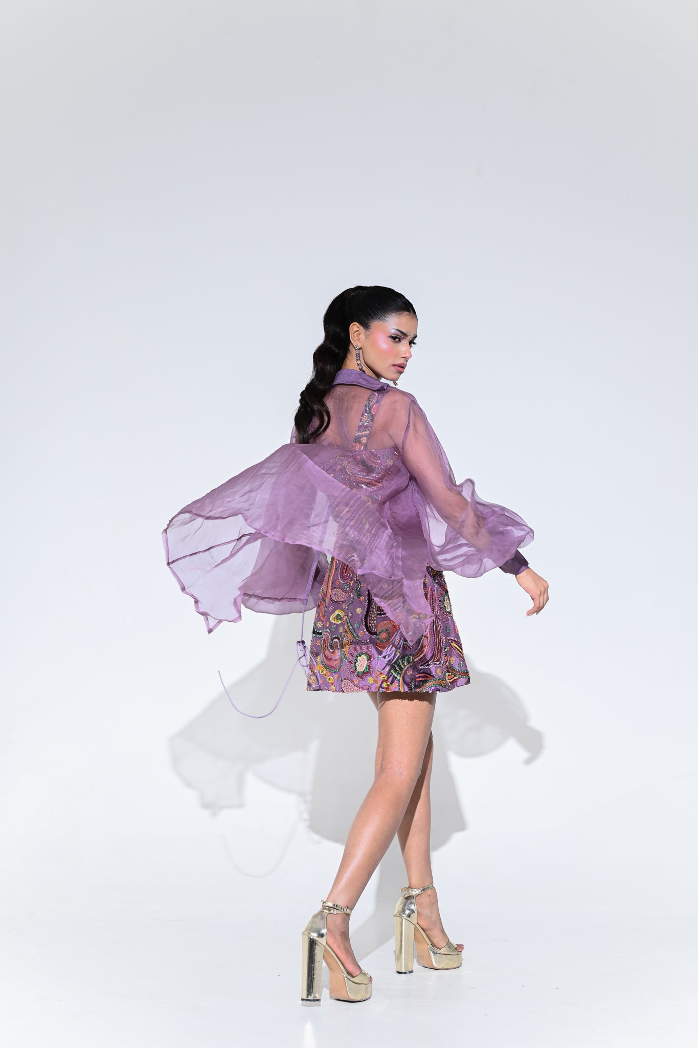 Violet Bloom Panel Embroidered Dress With Shrug