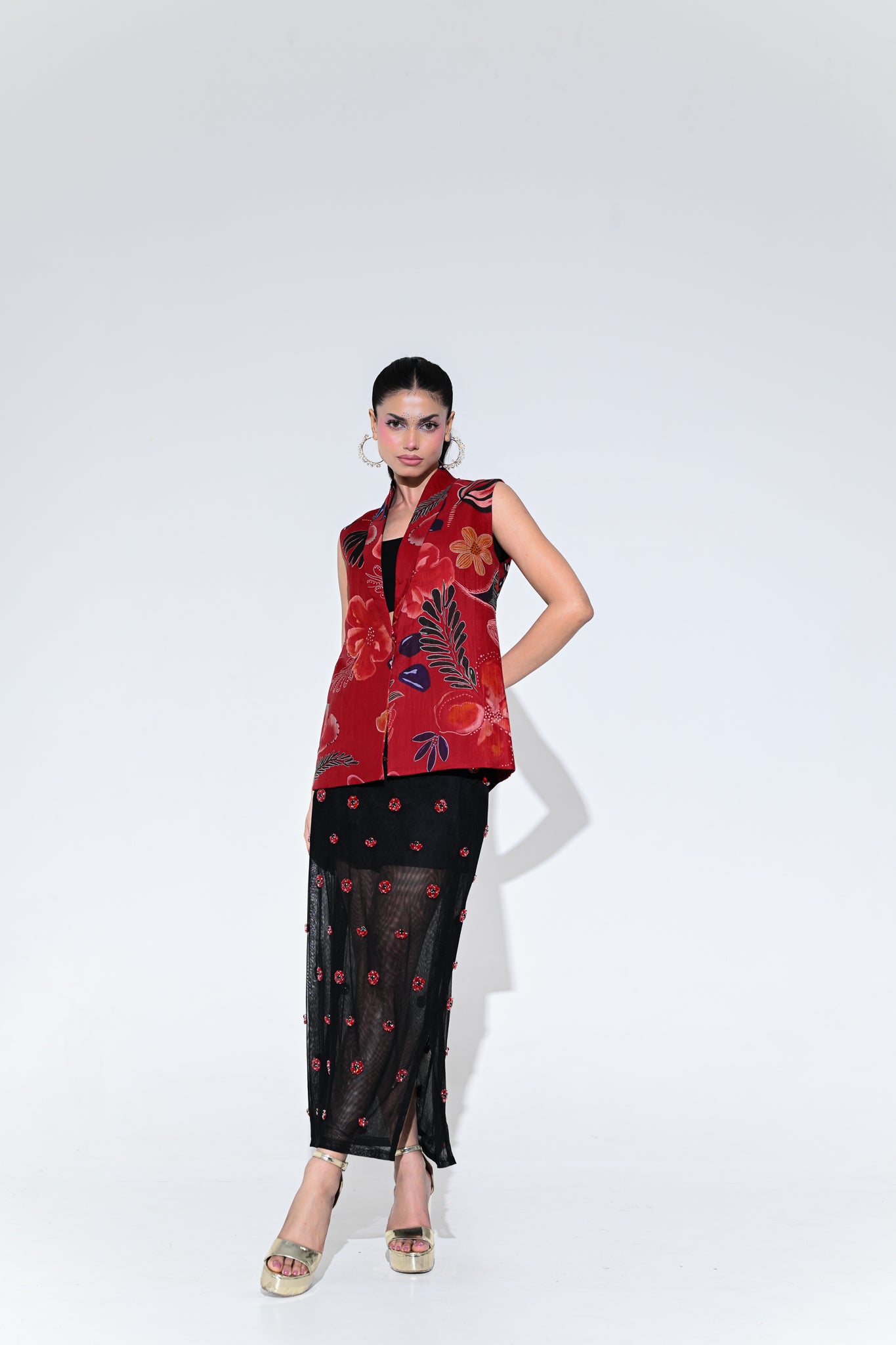 Scarlet Blazer With Crystal Skirt Set
