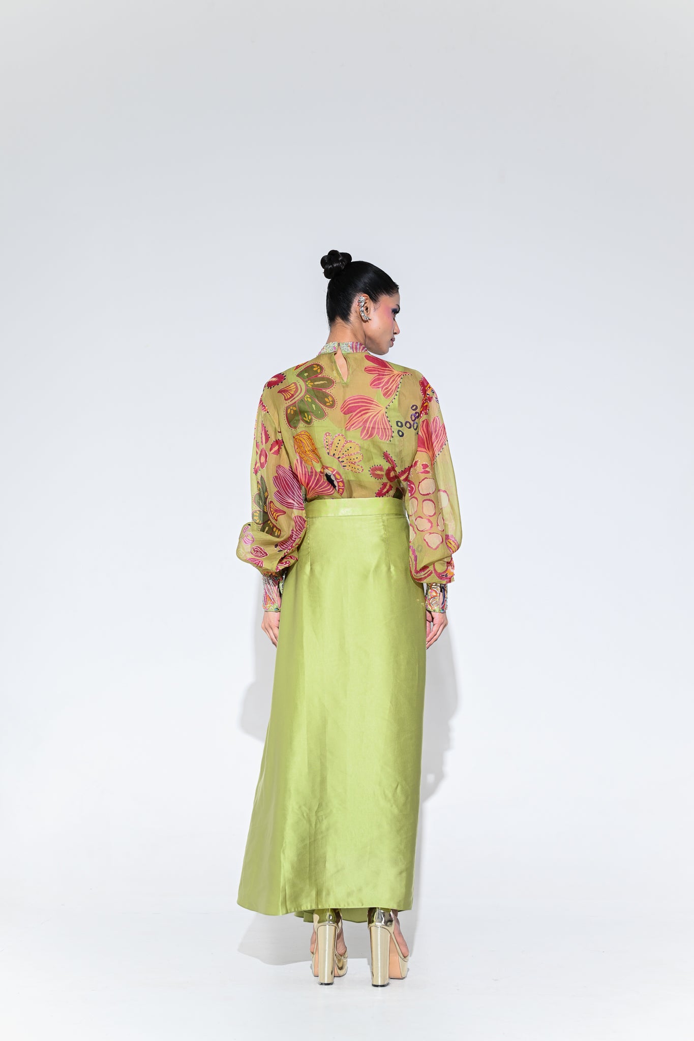 Olive Bloom Embroidered Shirt Skirt Set