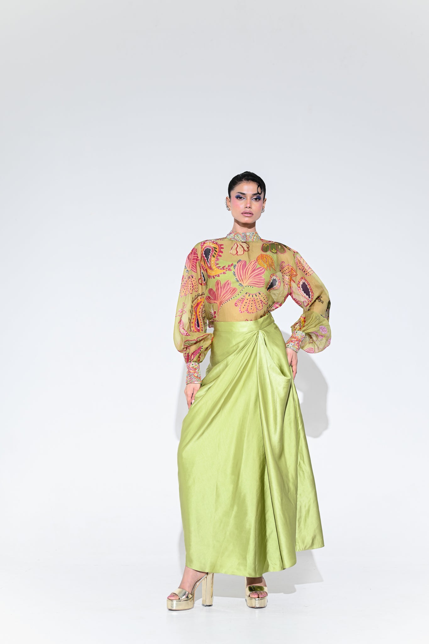 Olive Bloom Embroidered Shirt Skirt Set