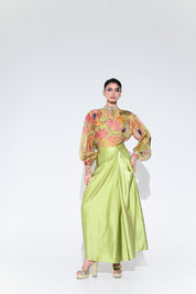 Olive Bloom Embroidered Shirt Skirt Set