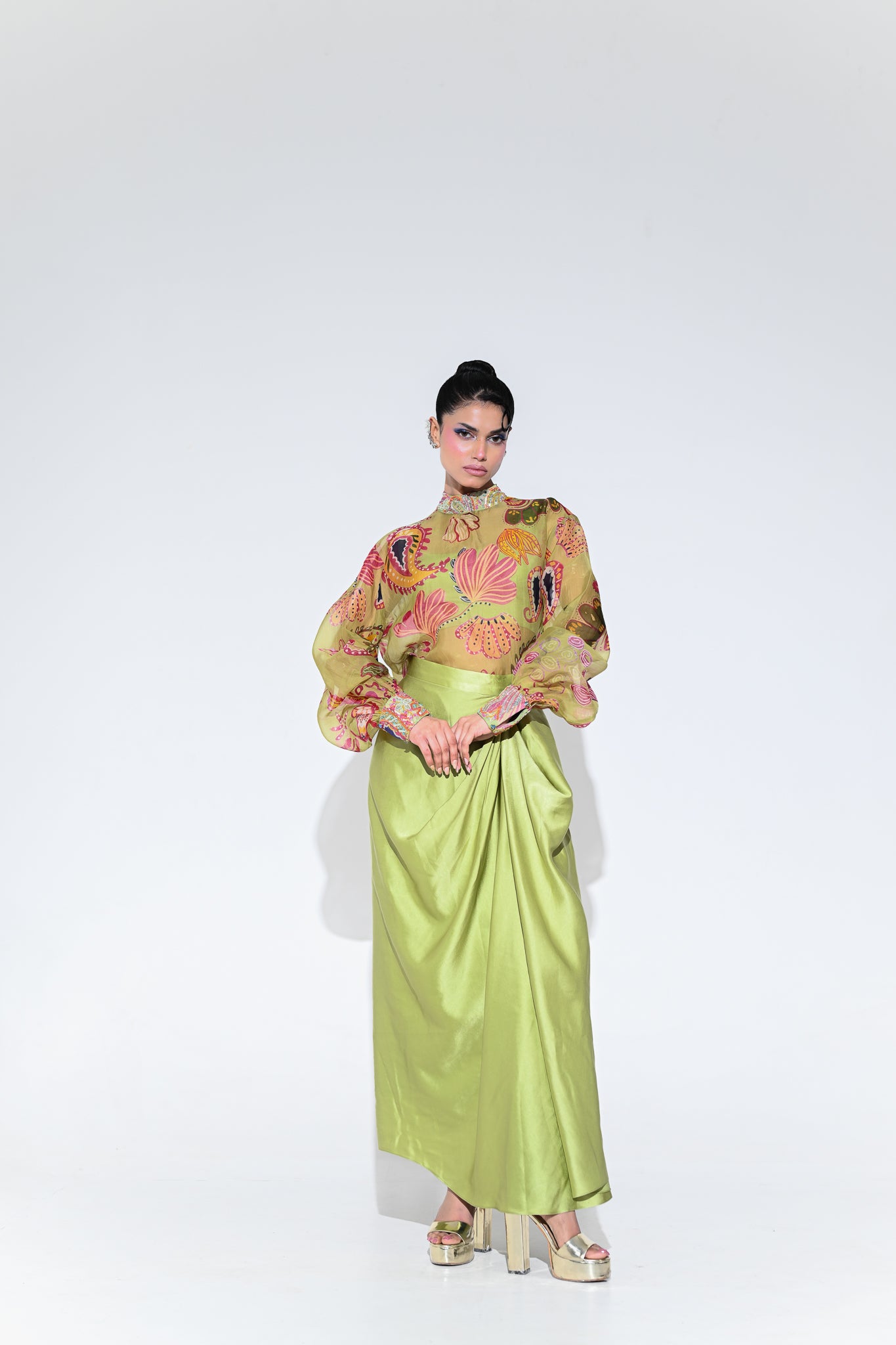 Olive Bloom Embroidered Shirt Skirt Set
