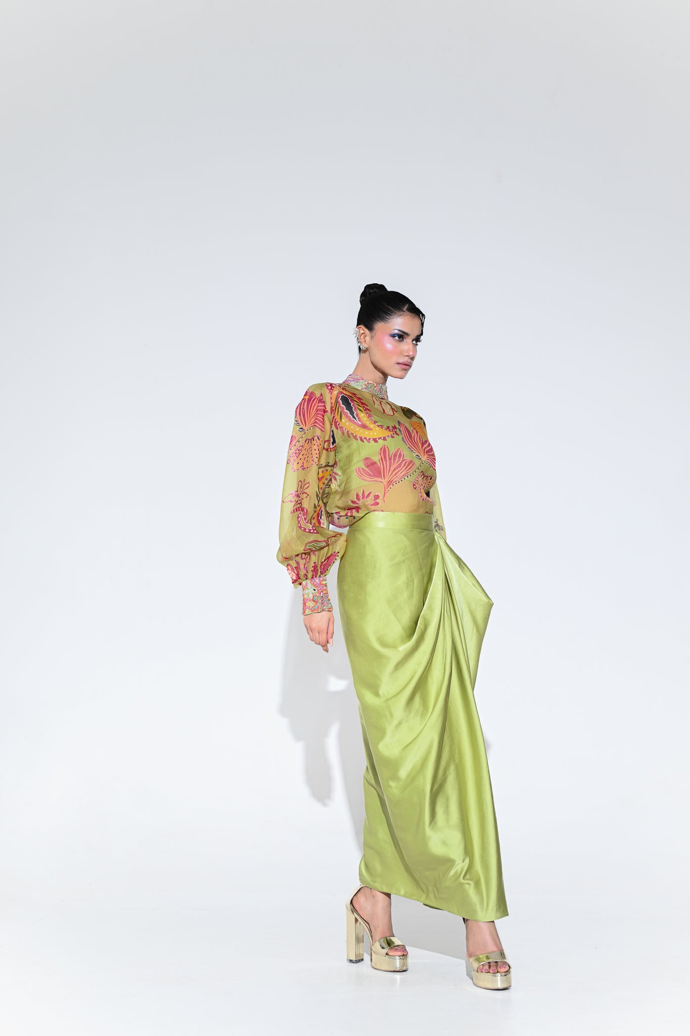 Olive Bloom Embroidered Shirt Skirt Set