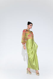 Olive Bloom Embroidered Shirt Skirt Set