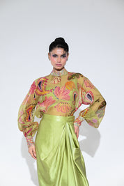 Olive Bloom Embroidered Shirt Skirt Set