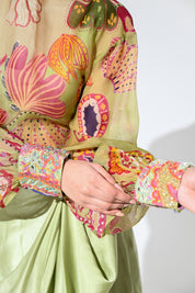 Olive Bloom Embroidered Shirt Skirt Set