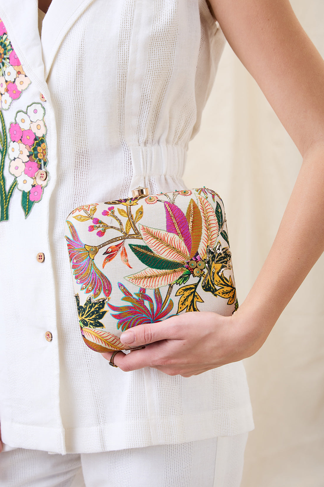Aarani White Embellished Clutch Bag