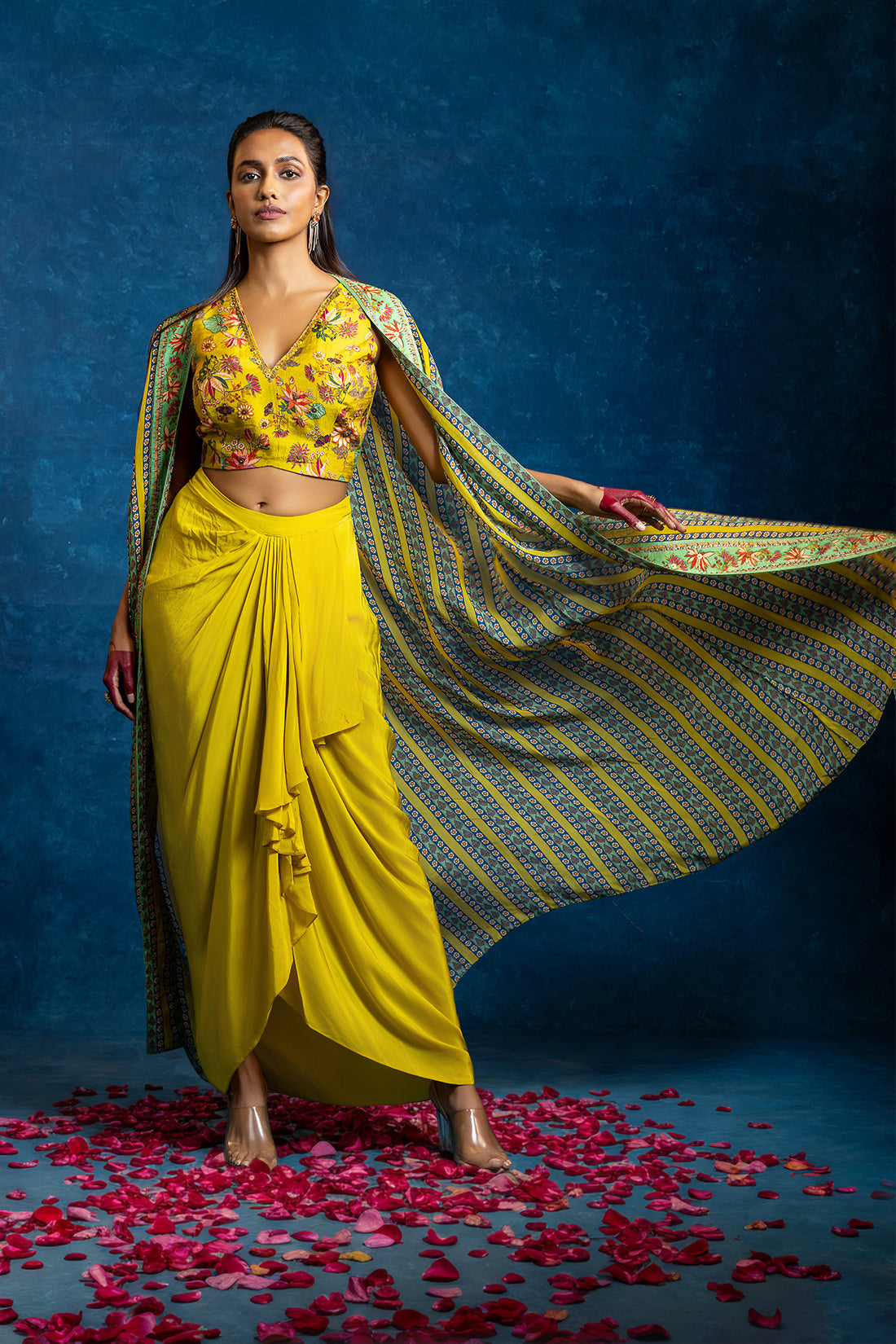 Aarani Yellow Embellished Drape Skirt Set With Long Cape