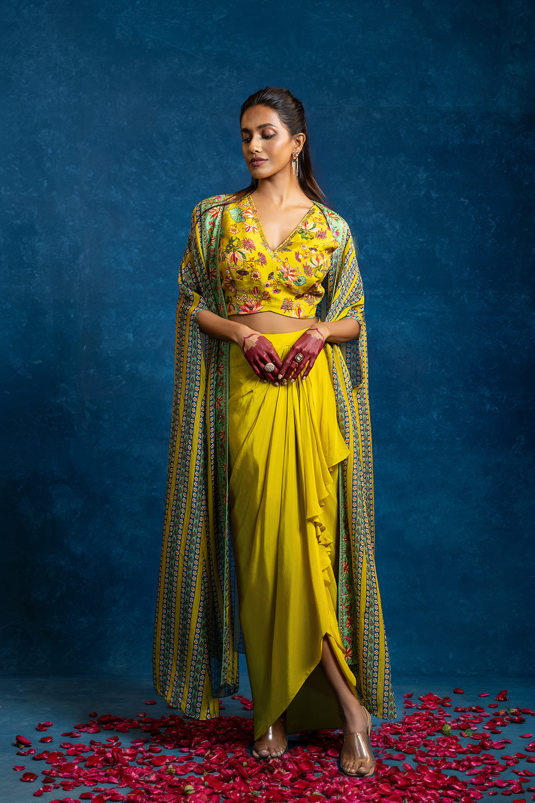 Aarani Yellow Embellished Drape Skirt Set With Long Cape