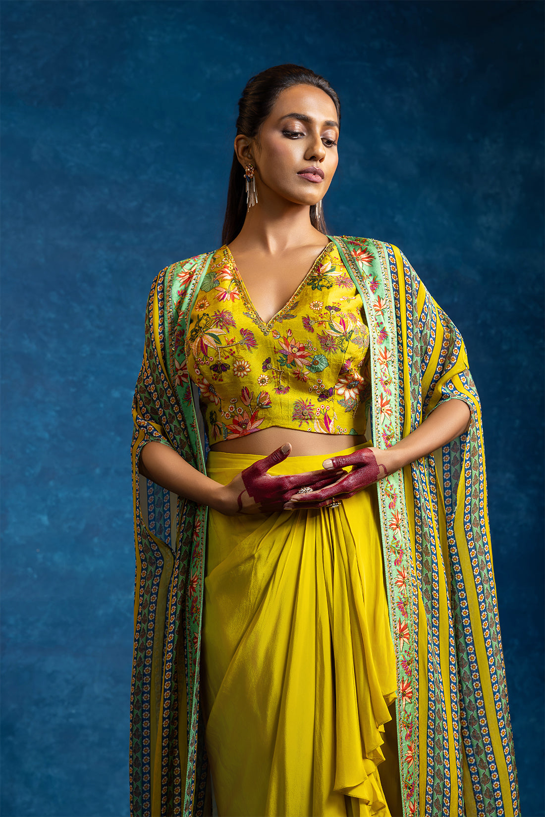 Aarani Yellow Embellished Drape Skirt Set With Long Cape