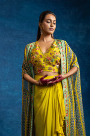 Aarani Yellow Embellished Drape Skirt Set With Long Cape