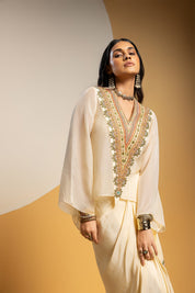 Taarani Off White Embellished V Neck Drape Skirt Set