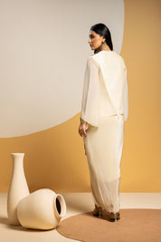 Taarani Off White Embellished V Neck Drape Skirt Set
