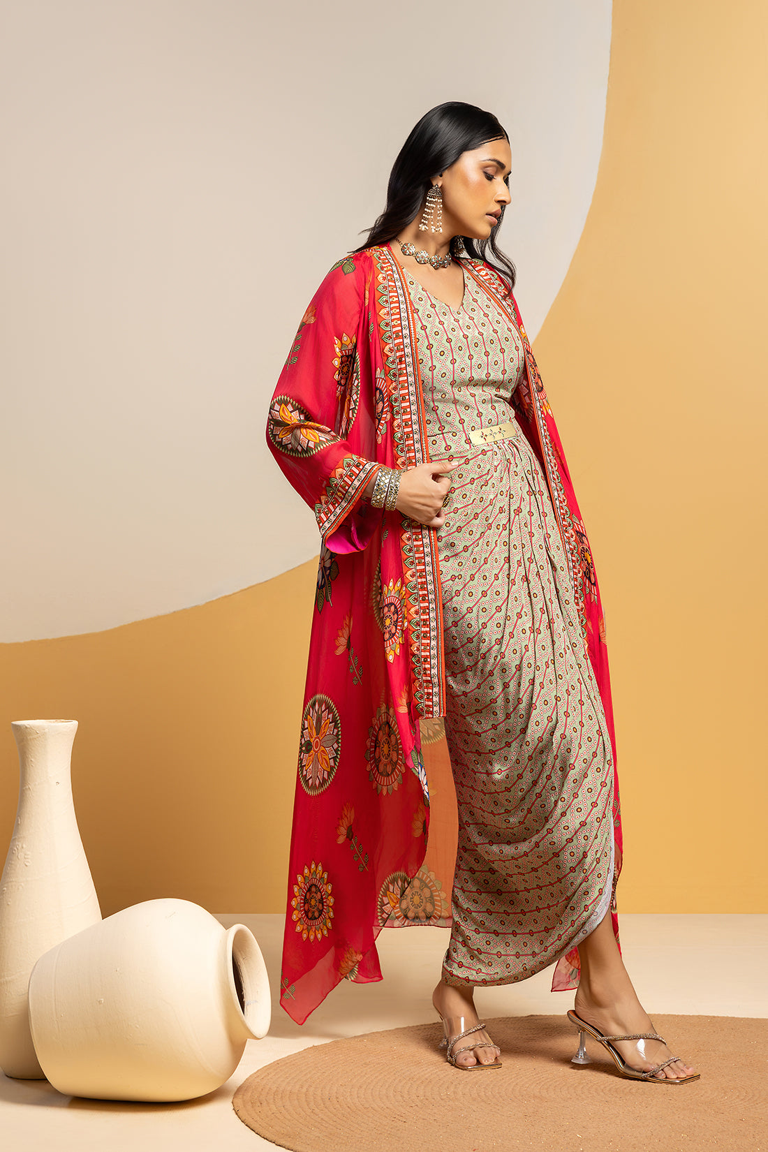 Taarani Multicolour Embellished Drape Dress Set