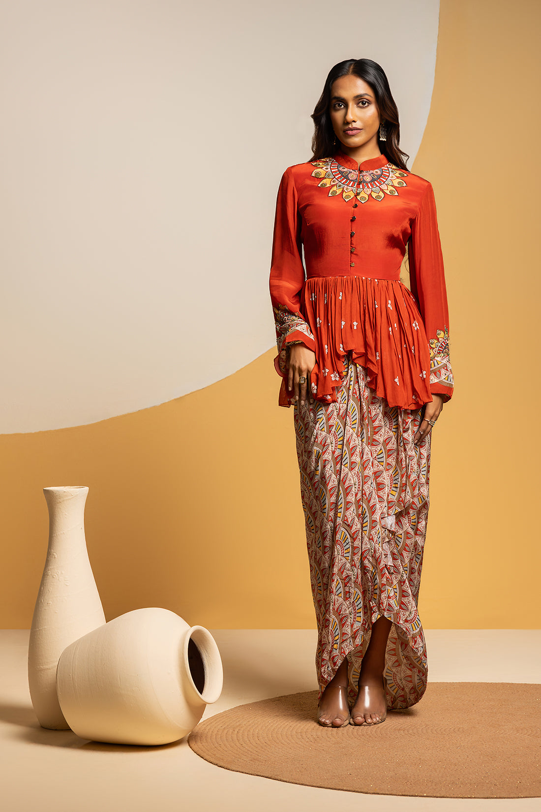 Taarani Red Embellished Drape Skirt Set