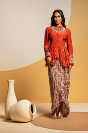 Taarani Red Embellished Drape Skirt Set
