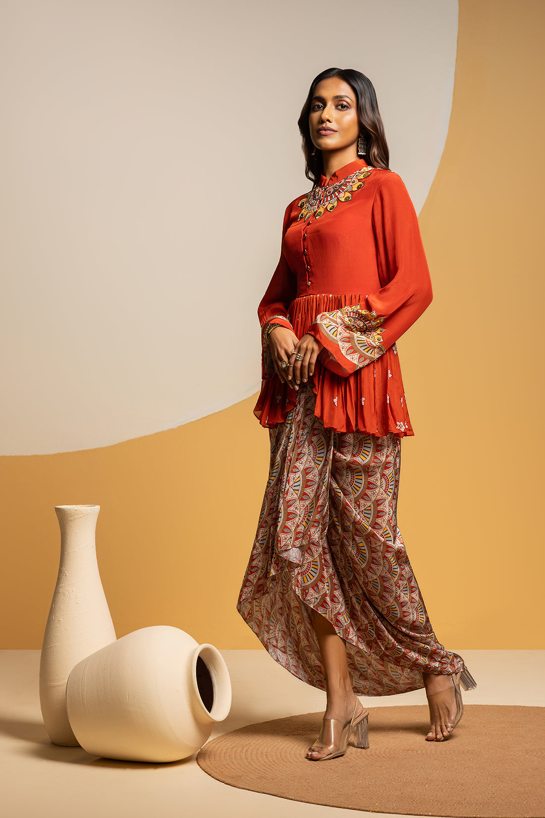 Taarani Red Embellished Drape Skirt Set