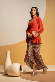 Taarani Red Embellished Drape Skirt Set