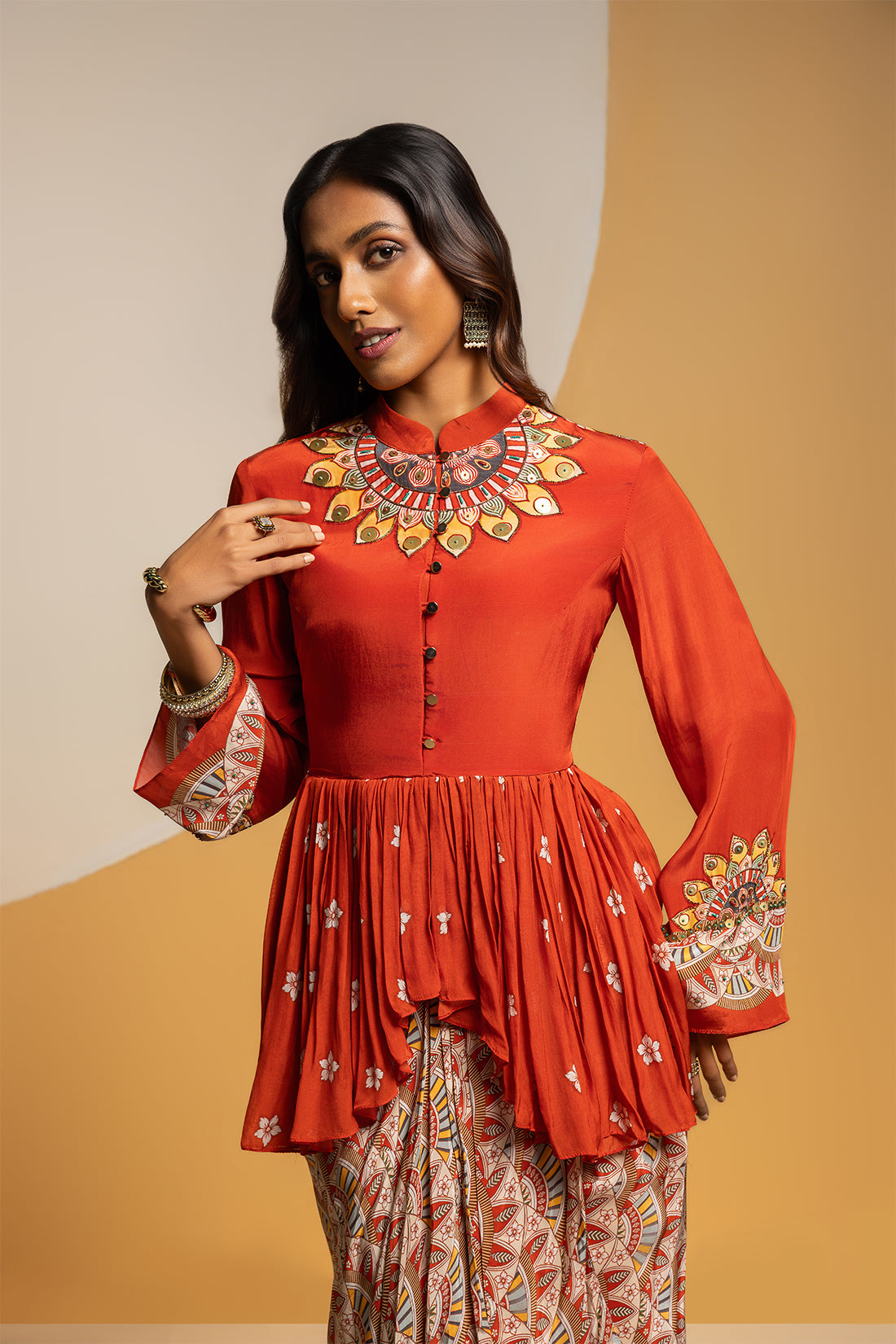Taarani Red Embellished Drape Skirt Set