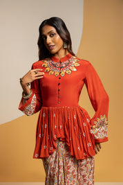 Taarani Red Embellished Drape Skirt Set