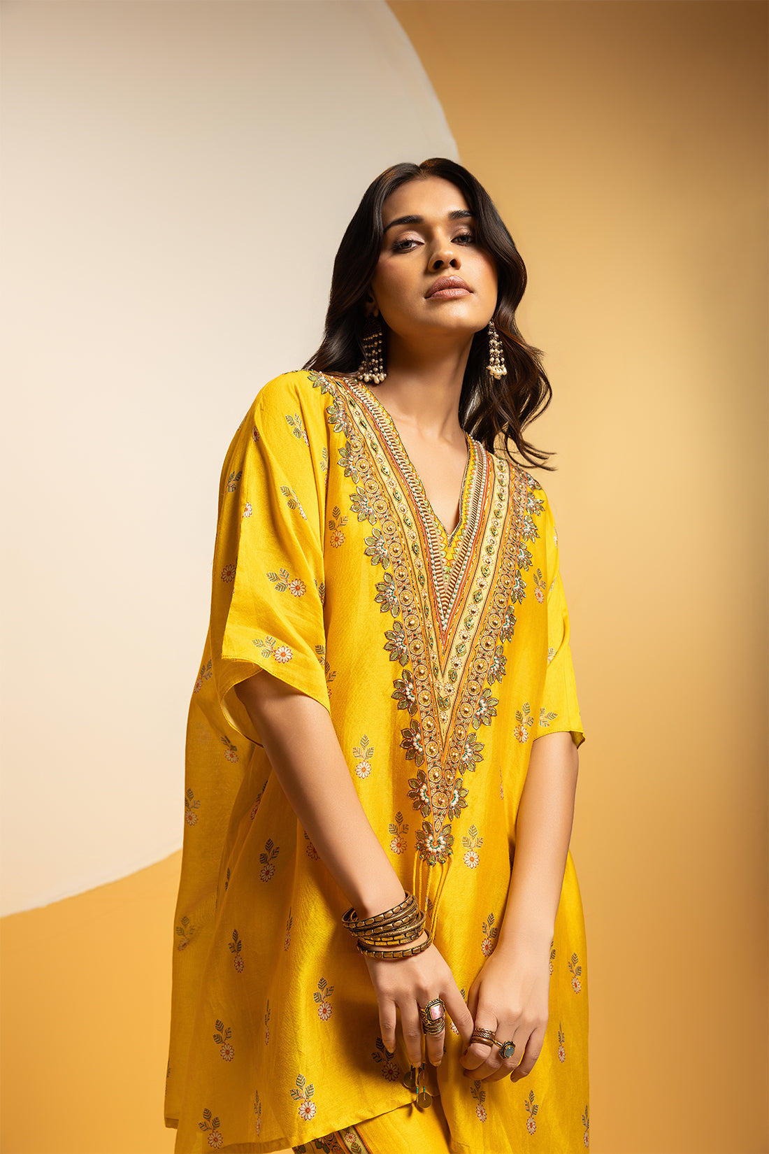 Taarani Yellow Embellished V Neck Kurta Set