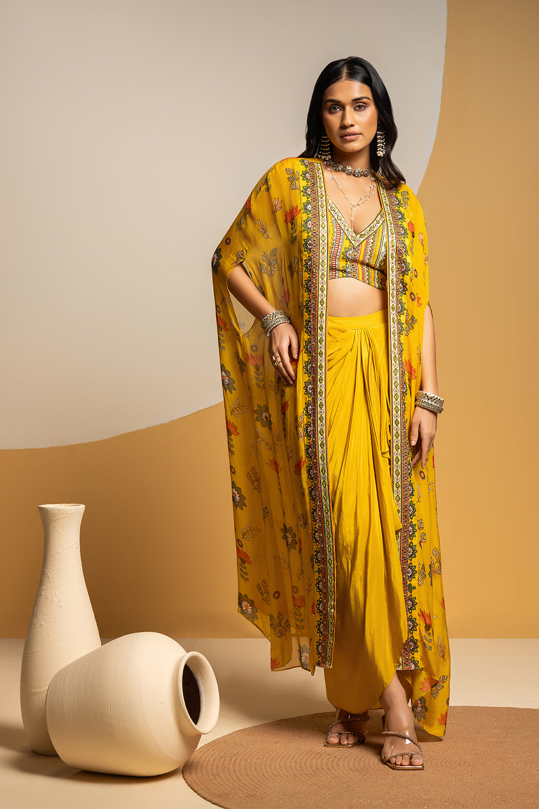 Taarani Yellow Embellished Drape Skirt Set With Long Cape