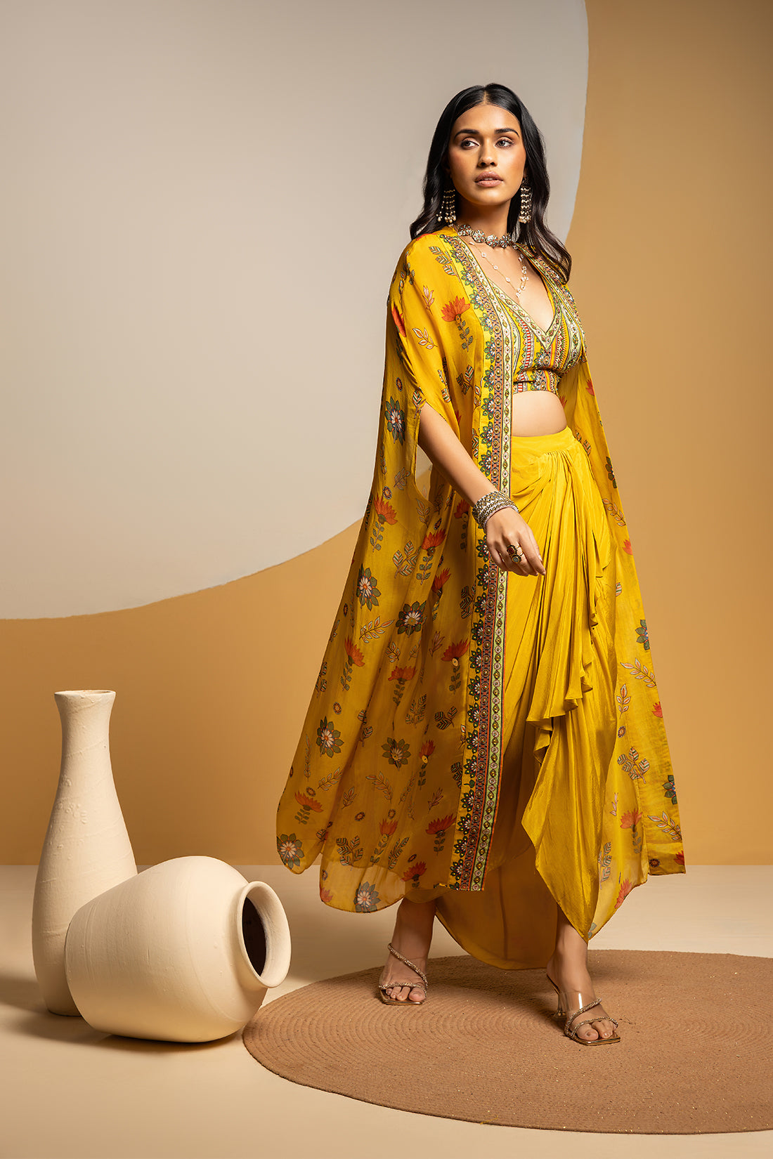 Taarani Yellow Embellished Drape Skirt Set With Long Cape
