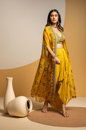Taarani Yellow Embellished Drape Skirt Set With Long Cape