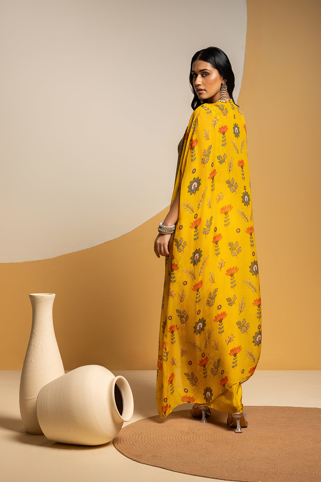 Taarani Yellow Embellished Drape Skirt Set With Long Cape