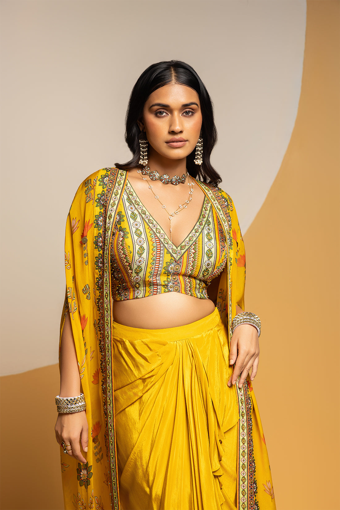 Taarani Yellow Embellished Drape Skirt Set With Long Cape