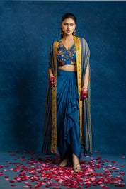 Aarani Blue Embellished Drape Skirt Set With Long Cape