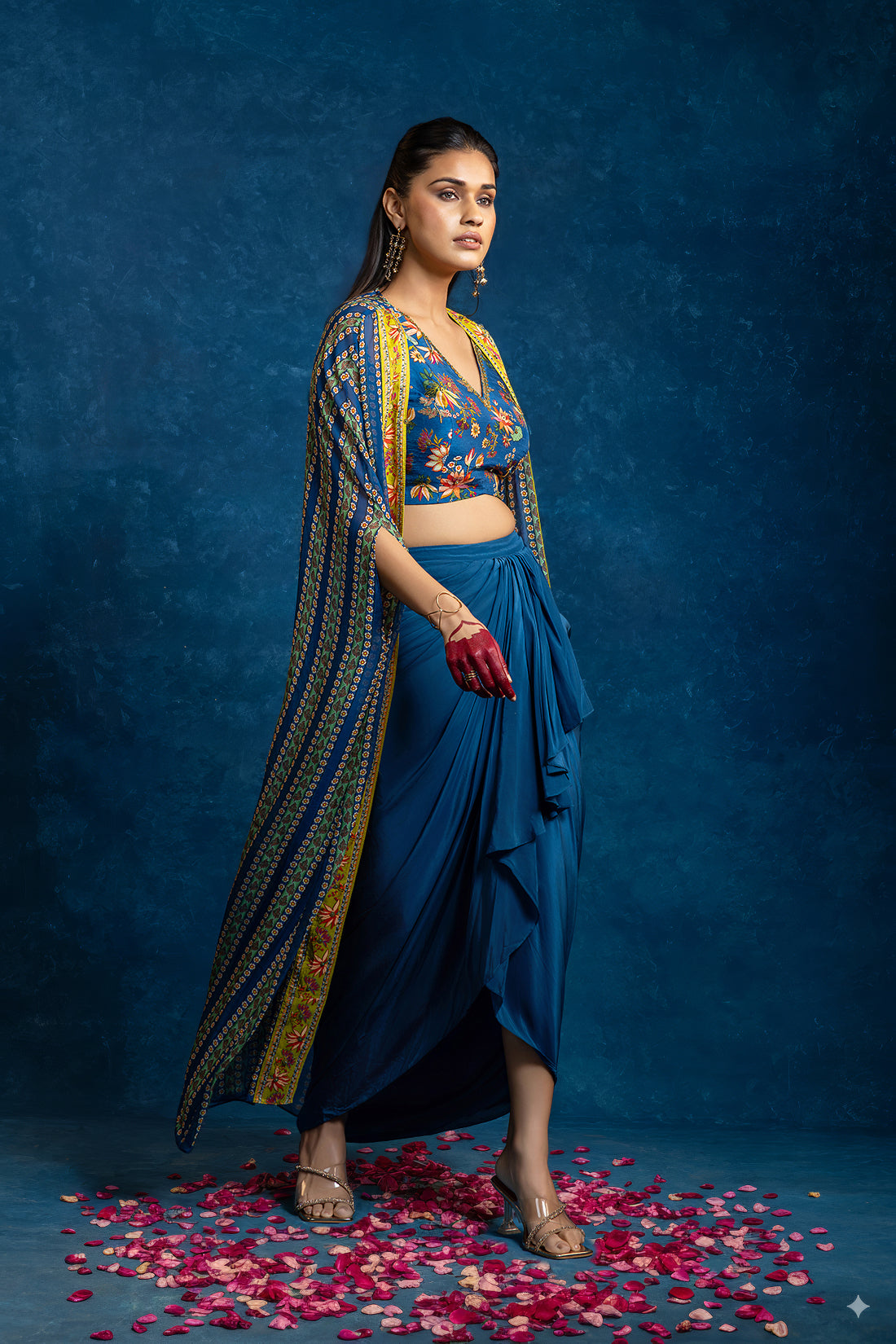 Aarani Blue Embellished Drape Skirt Set With Long Cape