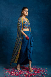 Aarani Blue Embellished Drape Skirt Set With Long Cape