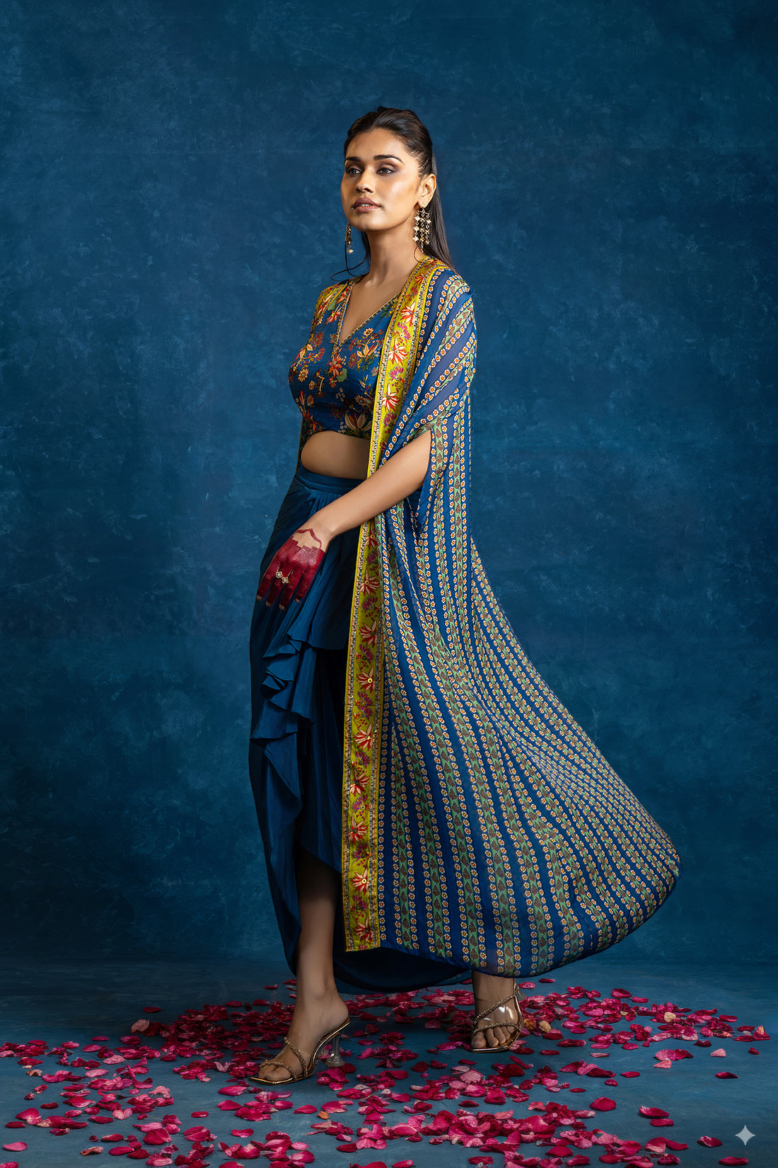 Aarani Blue Embellished Drape Skirt Set With Long Cape