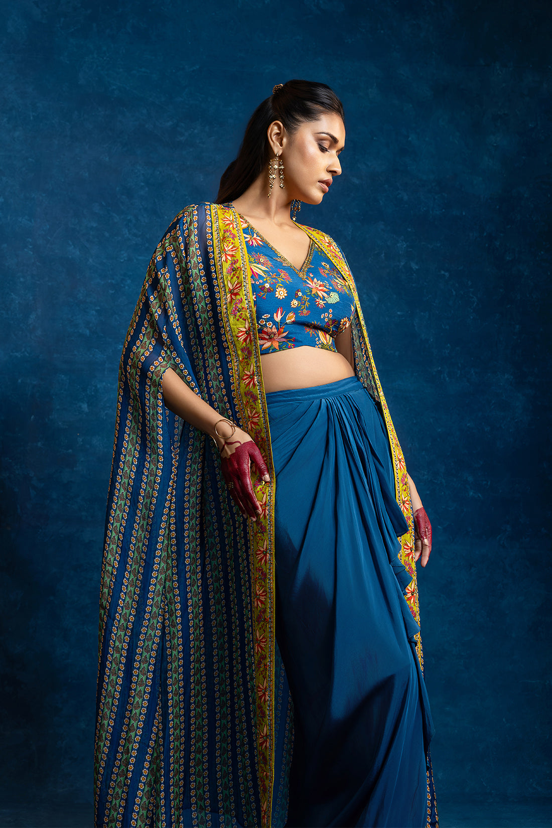 Aarani Blue Embellished Drape Skirt Set With Long Cape