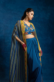 Aarani Blue Embellished Drape Skirt Set With Long Cape