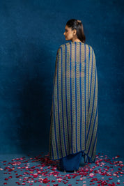 Aarani Blue Embellished Drape Skirt Set With Long Cape