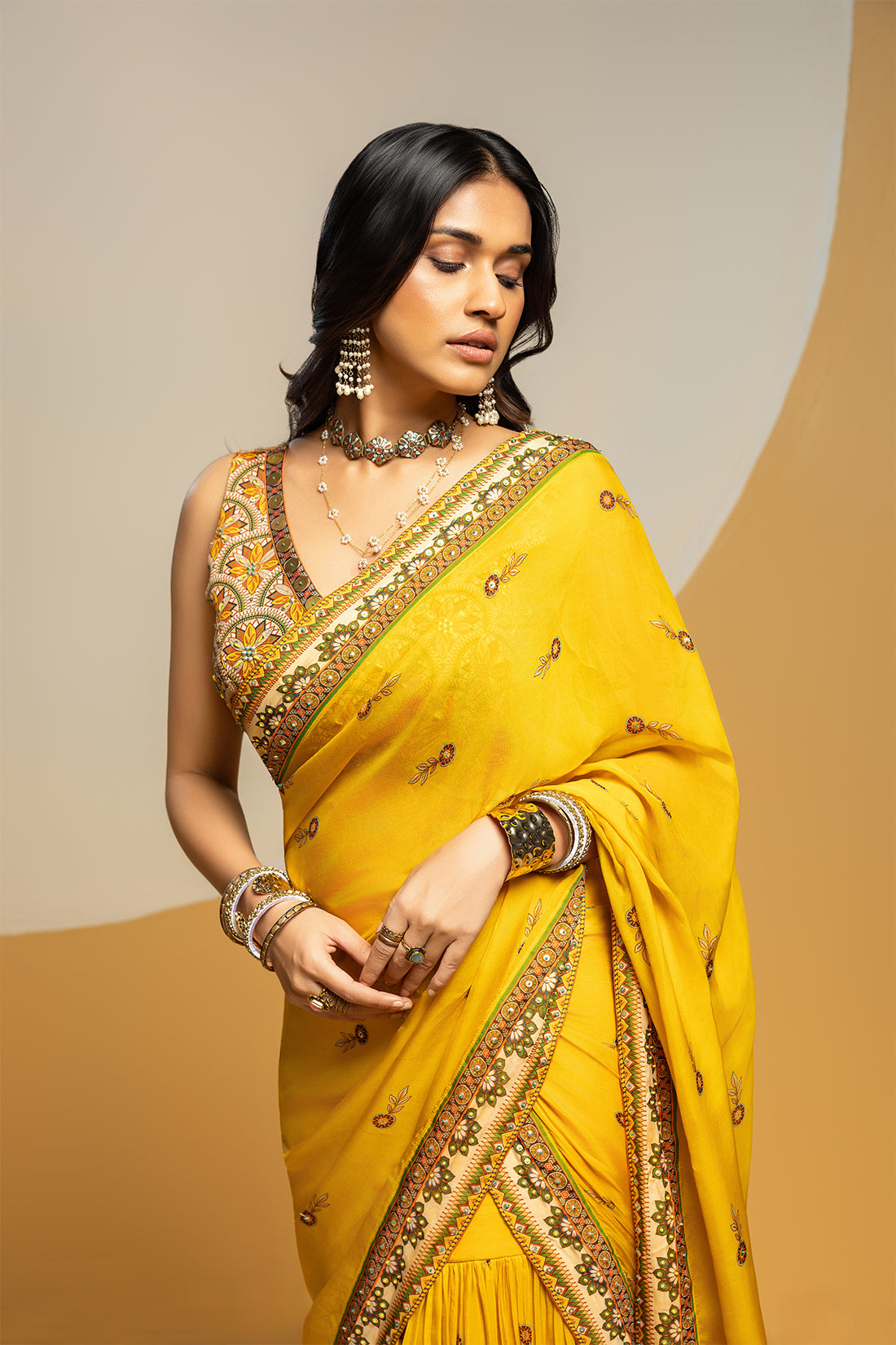 Taarani Yellow Embellished Pre stitched Saree Set
