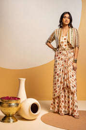 Taarani Off White Embellished Long Drape Dress Set