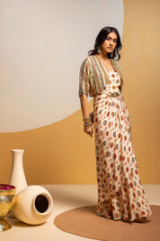 Taarani Off White Embellished Long Drape Dress Set